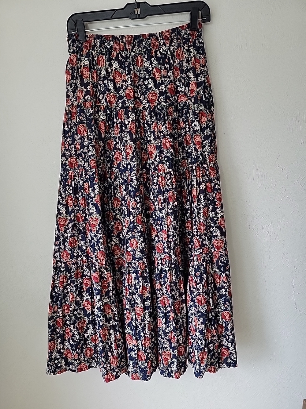 Vintage Floral Tiered Maxi Skirt in Navy with Pink Roses